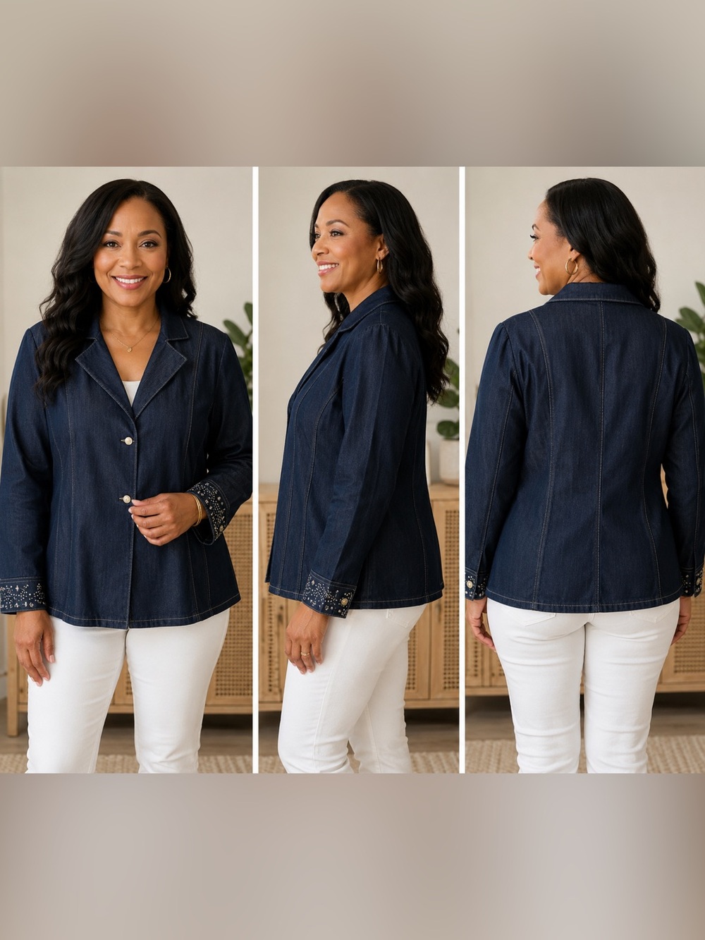 Stylish Dark Blue Denim Jacket with Embroidered Cuffs